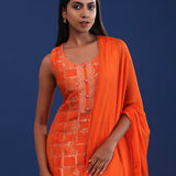 Bright Orange Banarsi Silk Kurti Set
