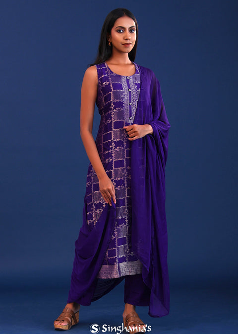 <img> Deep Violet Banarasi Silk Kurti Set
