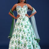 White And Green Crepe Silk Floral Lehenga Set