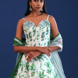 White And Green Crepe Silk Floral Lehenga Set