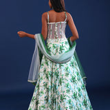 White And Green Crepe Silk Floral Lehenga Set