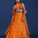 Flame Orange Organza Floral Lehenga Set