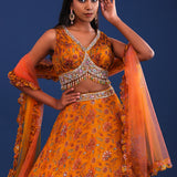 Flame Orange Organza Floral Lehenga Set