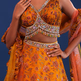 Flame Orange Organza Floral Lehenga Set