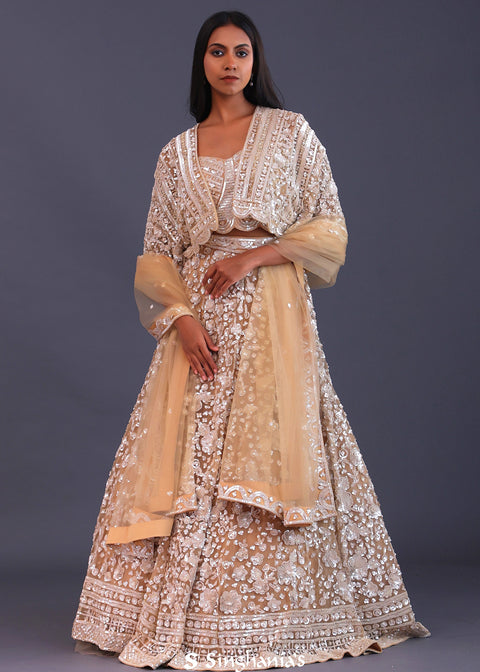 <img> Pastel Beige Net Sequence Embroidered Lehenga Set