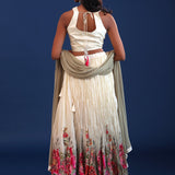 Greyish Green Chinon Georgette Floral Lehenga Set