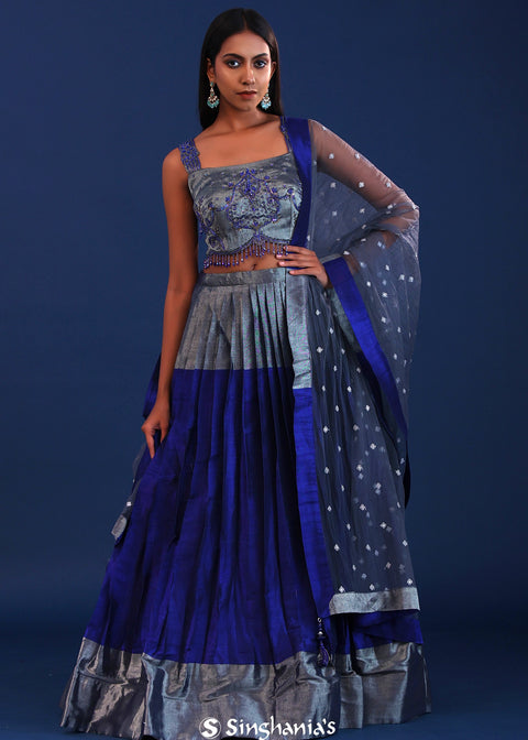 <img> Dark Cobalt Blue Raw Silk Lehenga Set