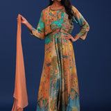 Green And Multicolour Crepe Silk Printed Anarkali Set