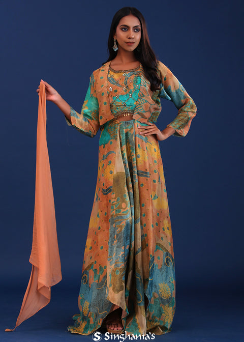 <img> Green And Multicolour Crepe Silk Printed Anarkali Set