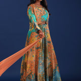 Green And Multicolour Crepe Silk Printed Anarkali Set