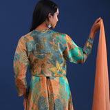 Green And Multicolour Crepe Silk Printed Anarkali Set