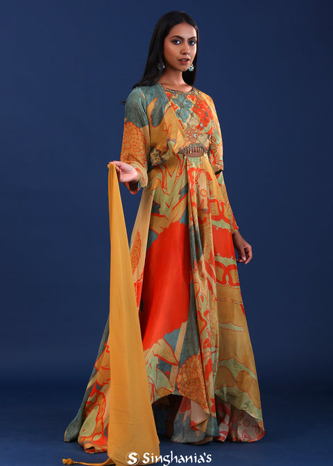<img> Mustard And Multicolour Crepe Silk Printed Anarkali Set