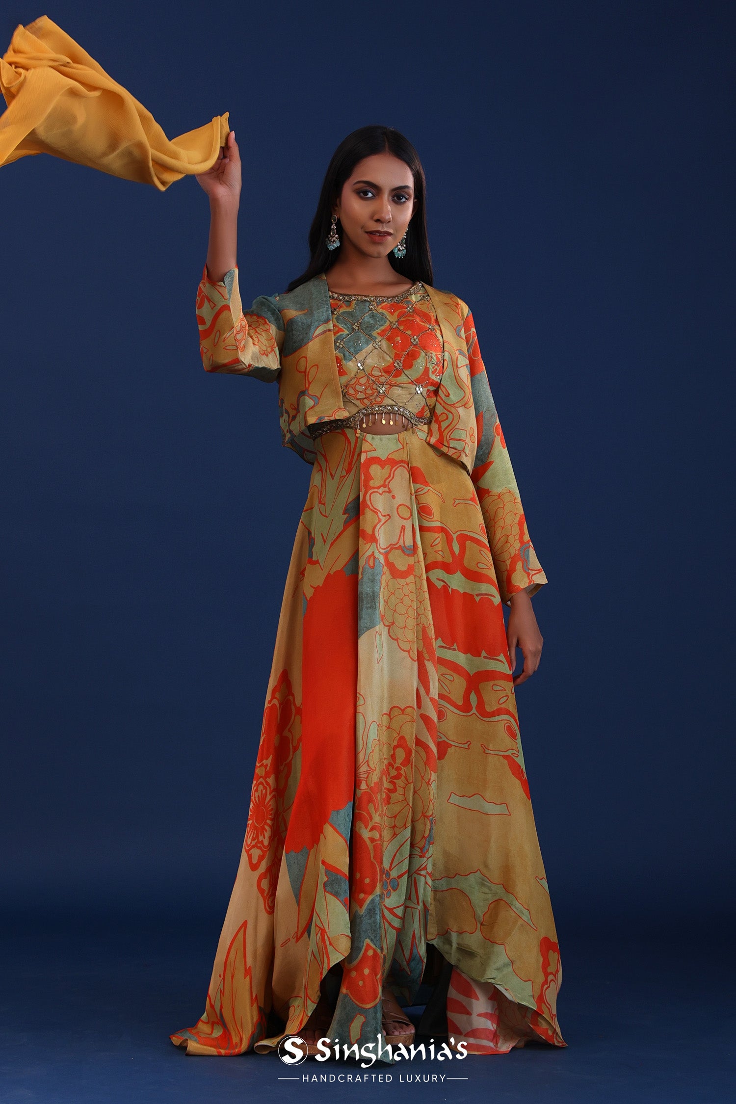 Mustard And Multicolour Crepe Silk Printed Anarkali Set
