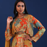 Mustard And Multicolour Crepe Silk Printed Anarkali Set