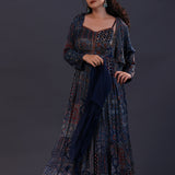 Midnight Blue Cotton Crepe Printed Anarkali Set