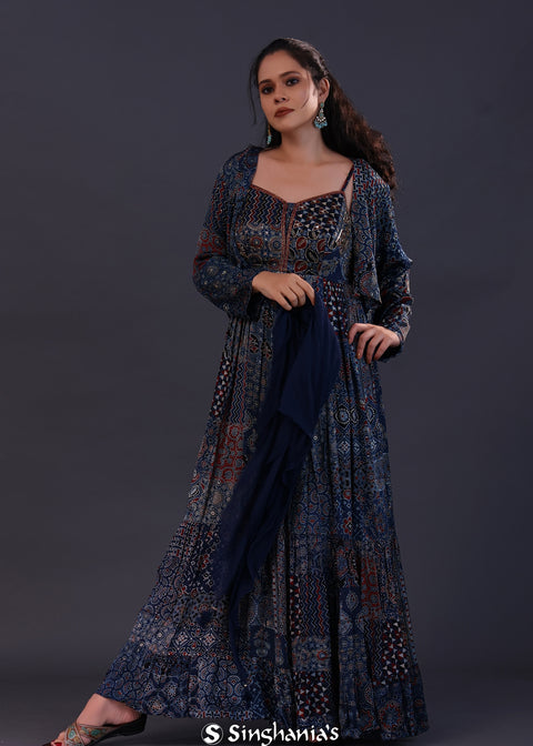 <img> Midnight Blue Cotton Crepe Printed Anarkali Set