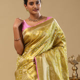 Goldish Green Kanjivaram Tissue Saree With Contrast Border