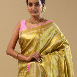 Goldish Green Kanjivaram Tissue Saree With Contrast Border