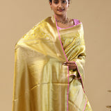 Goldish Green Kanjivaram Tissue Saree With Contrast Border