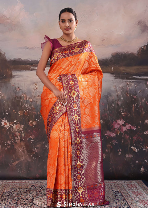 <img> Orange Kanjivaram Silk Saree With Contrast Border
