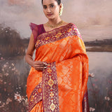 Orange Kanjivaram Silk Saree With Contrast Border