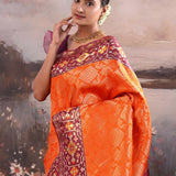 Orange Kanjivaram Silk Saree With Contrast Border