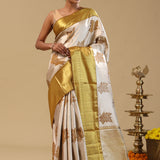 Silver Kanjivaram Tissue Saree With Leaf Motifs