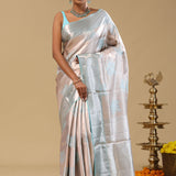Silver Kanjivaram Tissue Saree With Leaf Motifs