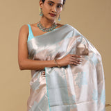 Silver Kanjivaram Tissue Saree With Leaf Motifs