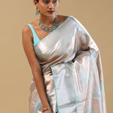 Silver Kanjivaram Tissue Saree With Leaf Motifs