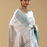 Silver Kanjivaram Tissue Saree With Leaf Motifs