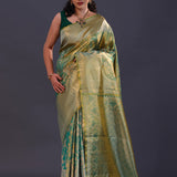 Green-Cyan Kanjivaram Tissue Saree With Floral Pattern