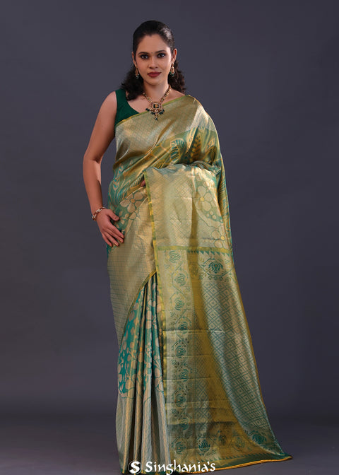 <img> Green-Cyan Kanjivaram Tissue Saree With Floral Pattern