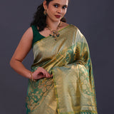 Green-Cyan Kanjivaram Tissue Saree With Floral Pattern