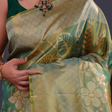 Green-Cyan Kanjivaram Tissue Saree With Floral Pattern