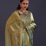Green-Cyan Kanjivaram Tissue Saree With Floral Pattern