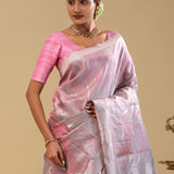 Soft Pink Kanjivaram Tissue Saree With Floral Design