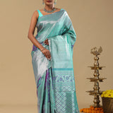 Greenish Blue Kanjivaram Tissue Designer Saree With Open Border