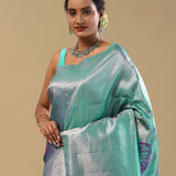 Greenish Blue Kanjivaram Tissue Designer Saree With Open Border