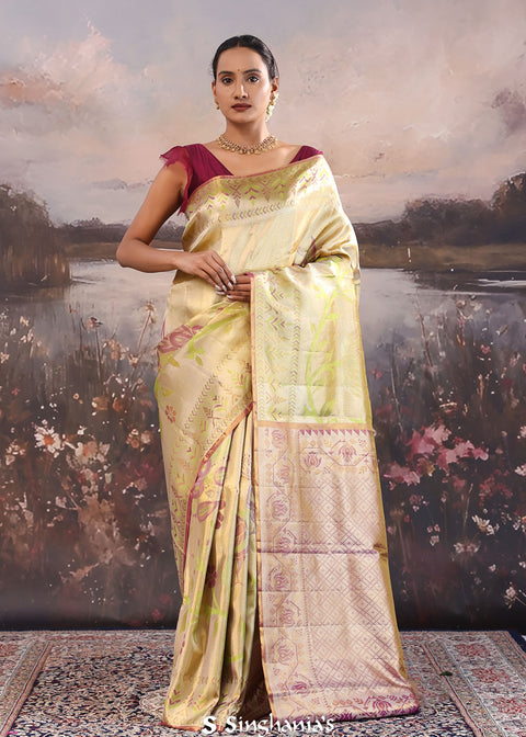 <img> Light Gold Kanjivaram Tissue Saree With Designer Border