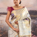 Dull Gold Kanjivaram Tissue Designer Saree With Open Border