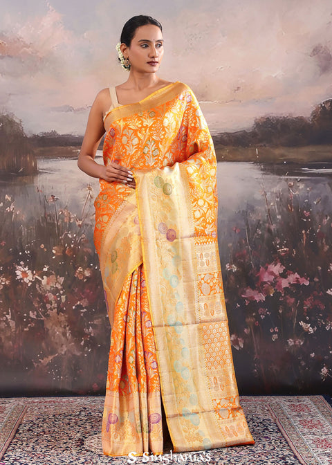 <img> Pumpkin Orange Kanjivaram Tissue Saree With Meenakari Border