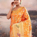 Pumpkin Orange Kanjivaram Tissue Saree With Meenakari Border