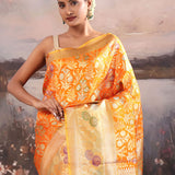 Pumpkin Orange Kanjivaram Tissue Saree With Meenakari Border