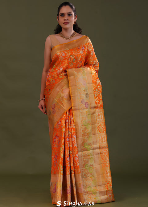 <img> Vibrant Orange Kanjivaram Silk Saree With Meenakari Border