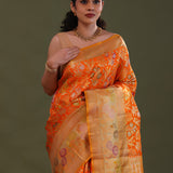 Vibrant Orange Kanjivaram Silk Saree With Meenakari Border