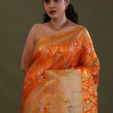 Vibrant Orange Kanjivaram Silk Saree With Meenakari Border
