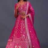Royal Bright Pink Raw Silk Embroidered Lehenga Set