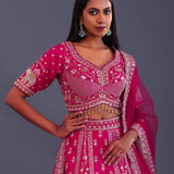 Royal Bright Pink Raw Silk Embroidered Lehenga Set