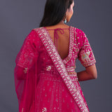Royal Bright Pink Raw Silk Embroidered Lehenga Set